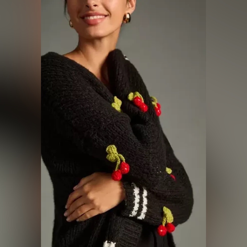 Anthropologie Maeve Womens Cardigan Sweater One Size Cherry Knit 3D Varsity - Picture 3 of 4